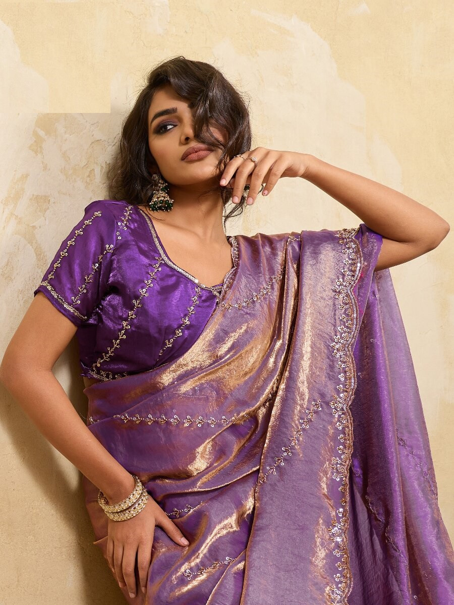 Purple Velvet Satin Sequins Wedding Reception Festival Party Heavy Border Sarees