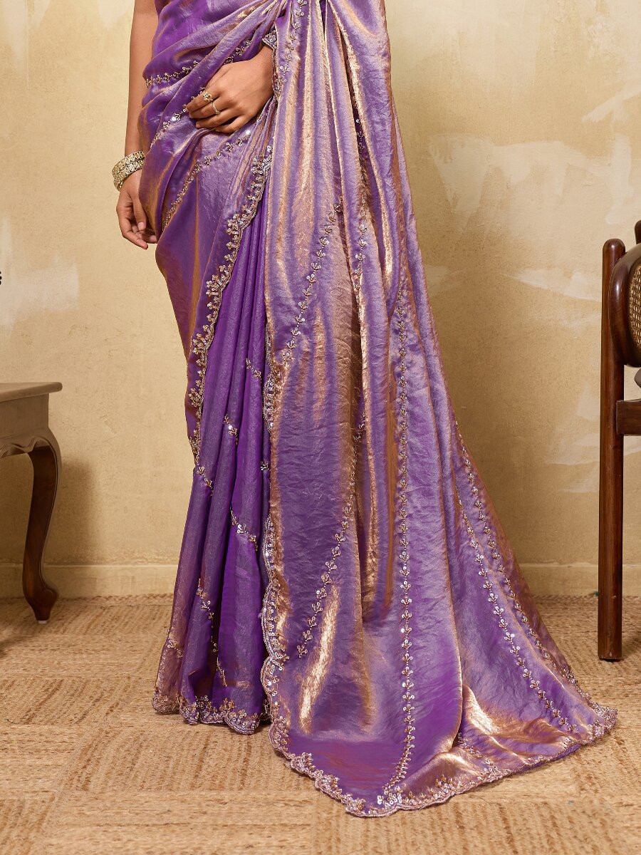 Purple Velvet Satin Sequins Wedding Reception Festival Party Heavy Border Sarees