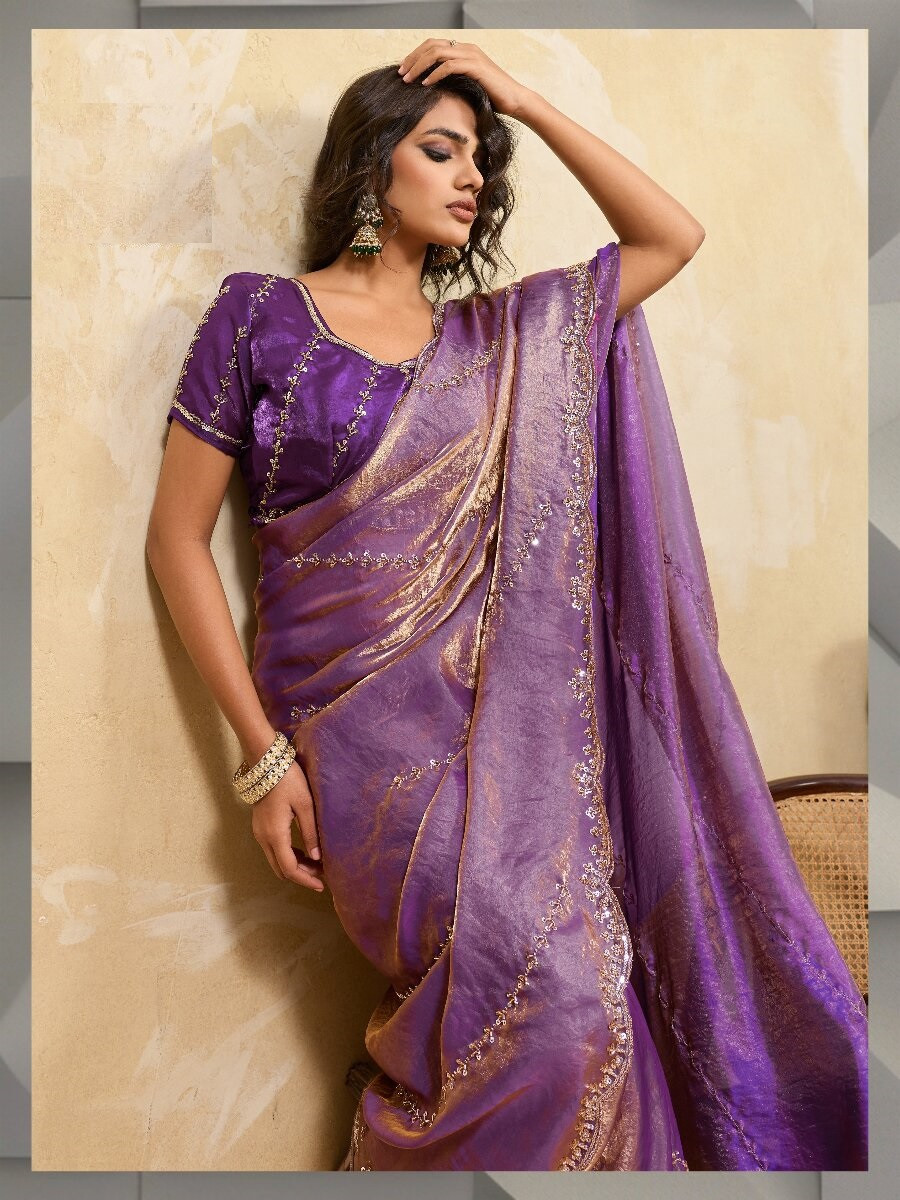 Purple Velvet Satin Sequins Wedding Reception Festival Party Heavy Border Sarees