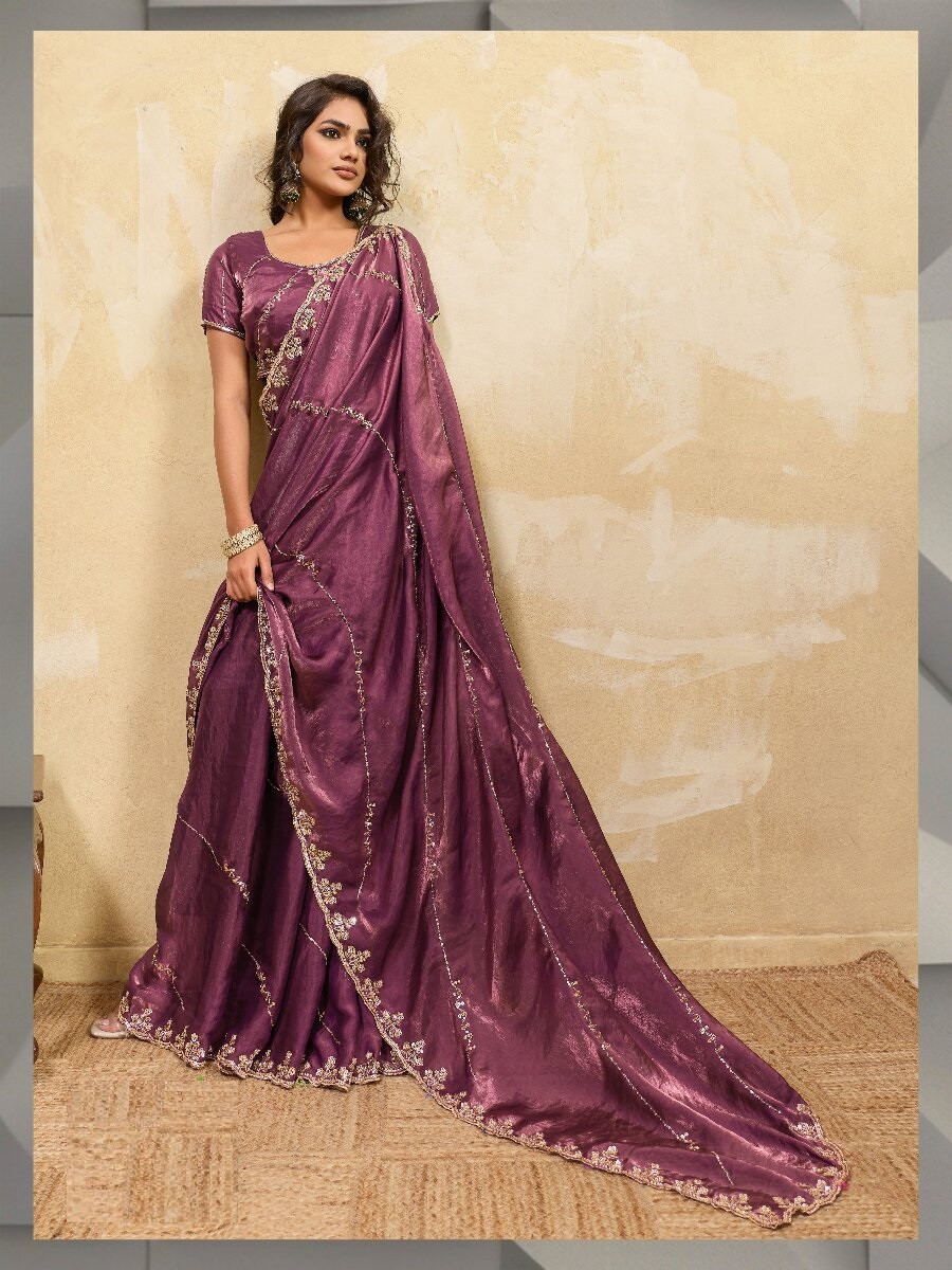 Purple Velvet Satin Sequins Wedding Reception Festival Party Heavy Border Sarees