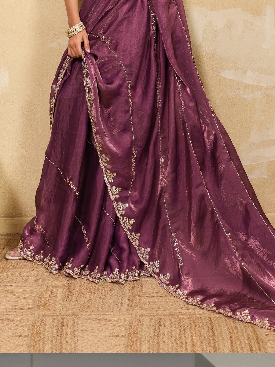 Purple Velvet Satin Sequins Wedding Reception Festival Party Heavy Border Sarees