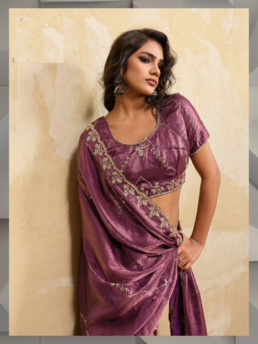 Purple Velvet Satin Sequins Wedding Reception Festival Party Heavy Border Sarees