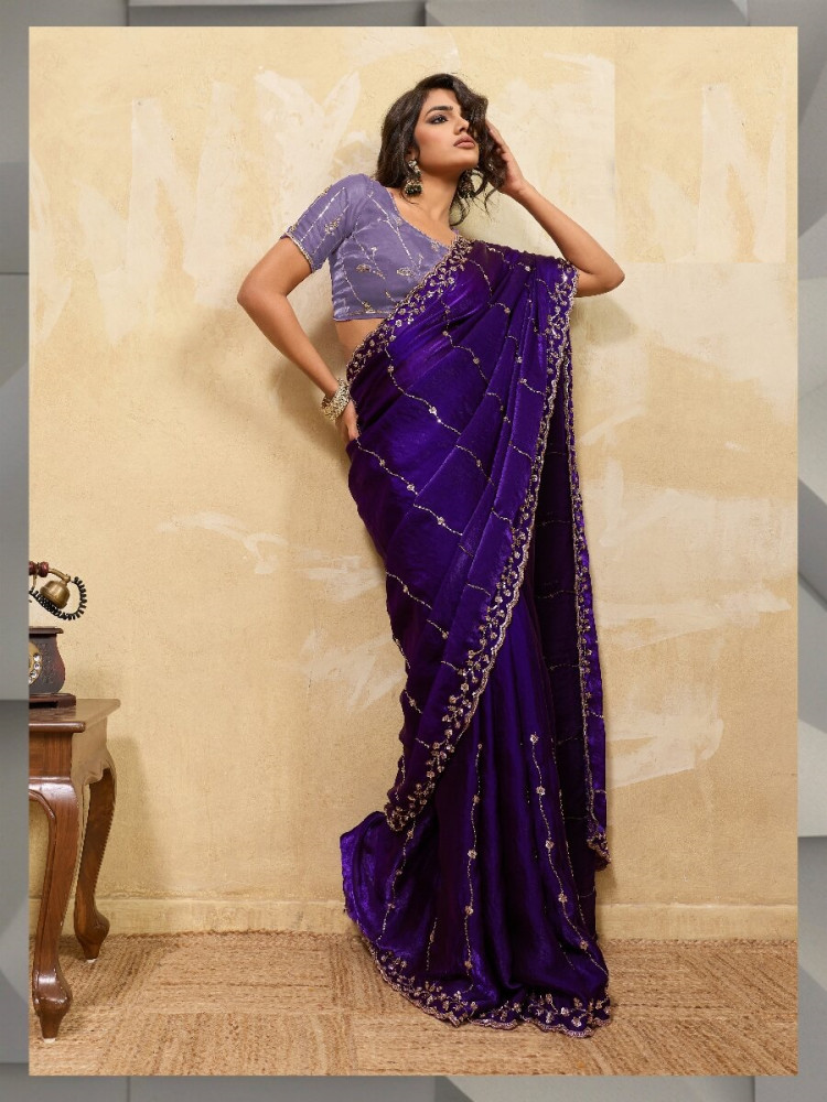 Image of Purple Velvet Satin Sequins Wedding Reception Festival Party Heavy Border Sarees