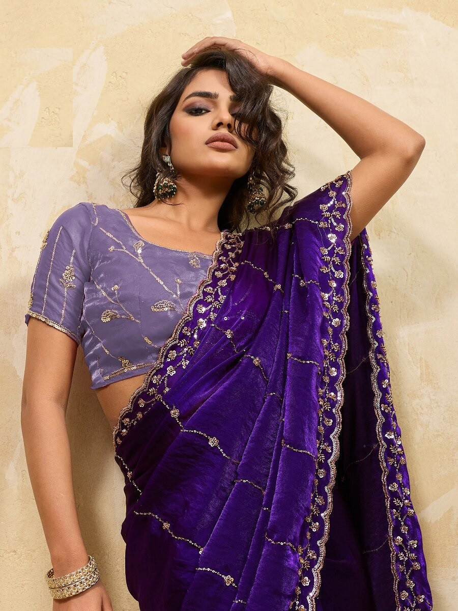 Purple Velvet Satin Sequins Wedding Reception Festival Party Heavy Border Sarees