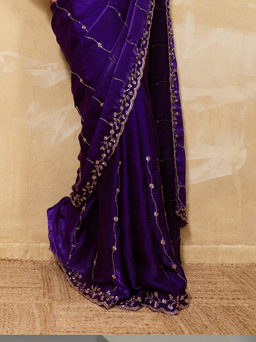 Purple Velvet Satin Sequins Wedding Reception Festival Party Heavy Border Sarees