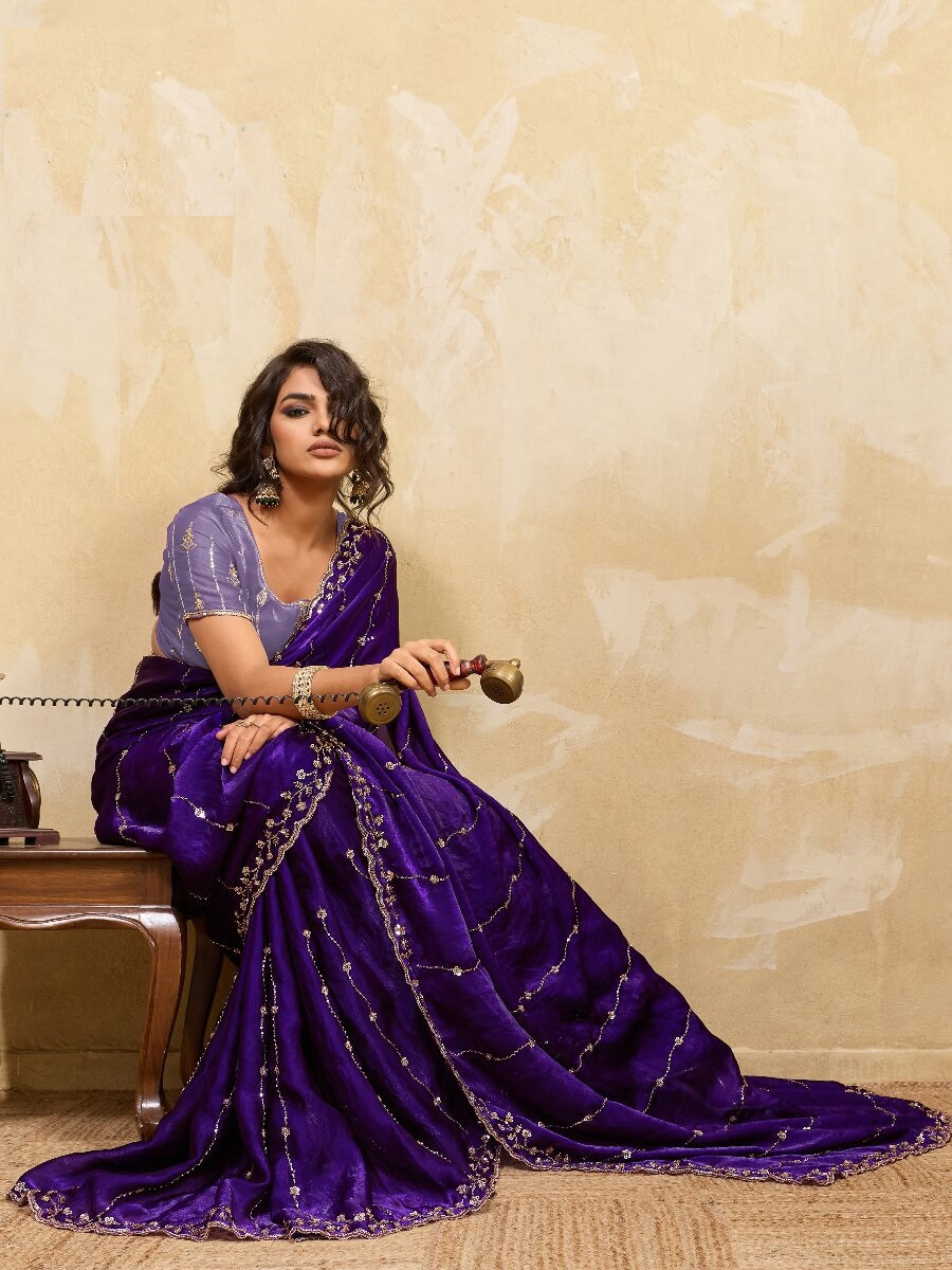Purple Velvet Satin Sequins Wedding Reception Festival Party Heavy Border Sarees