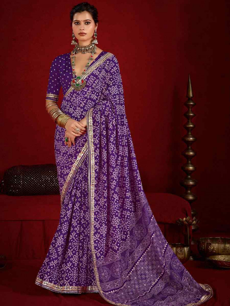 Image of Purple Velvet Tussar Silk Printed Embroidery Casual Reception Festival Wedding Fancy Classic Style Sarees