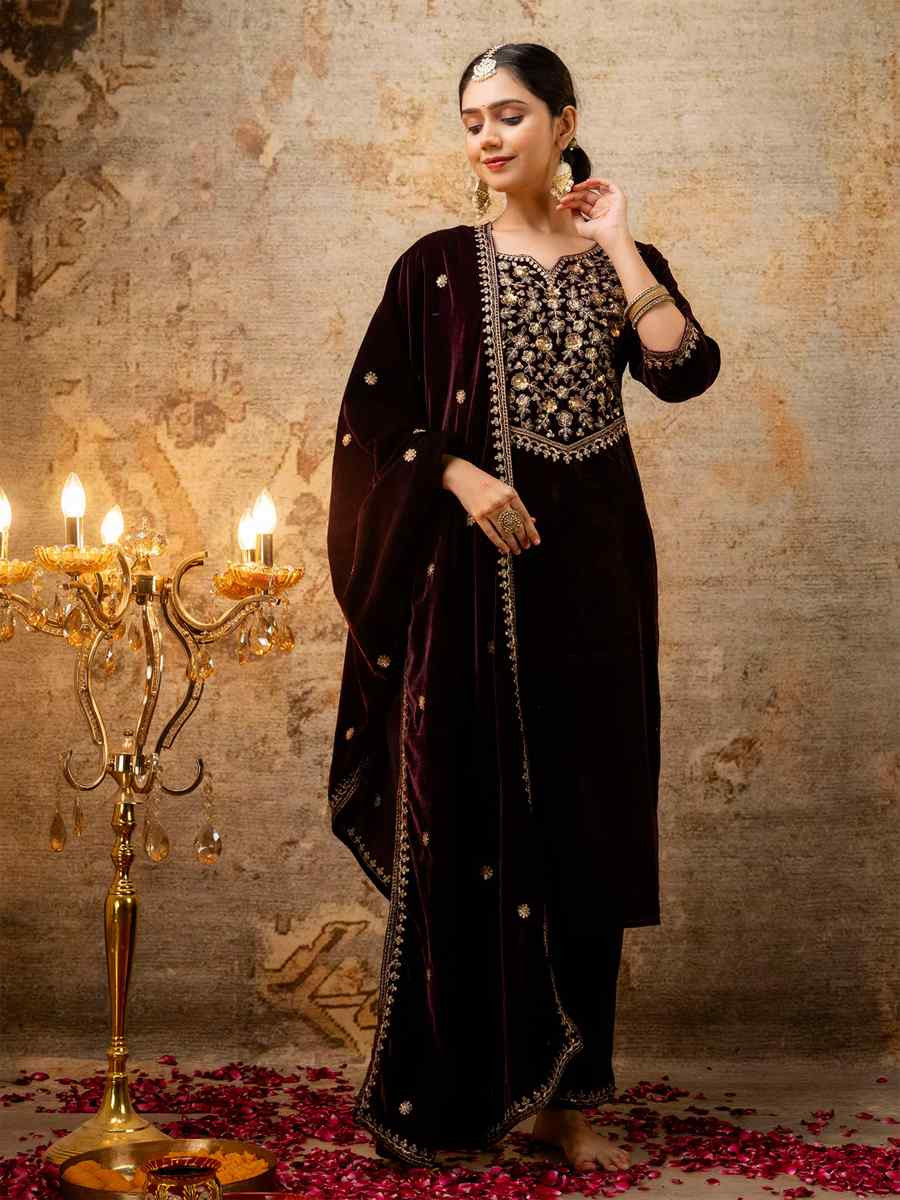 Purple VelvetEmbroidered Casual Festival Ready Pant Salwar Kameez