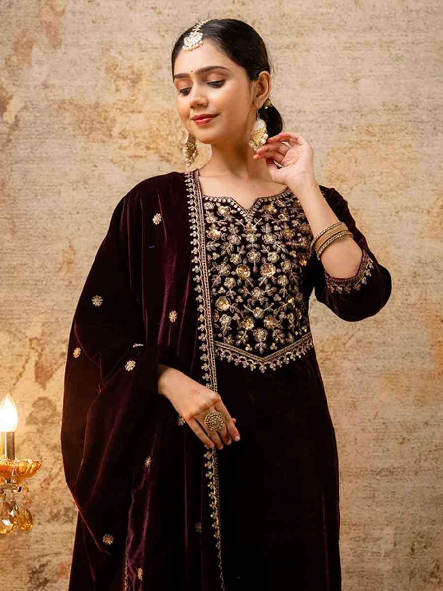 Purple VelvetEmbroidered Casual Festival Ready Pant Salwar Kameez