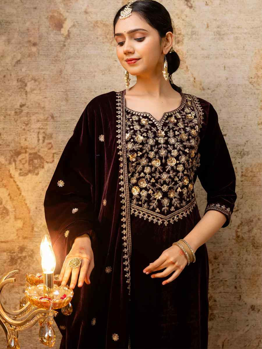 Purple VelvetEmbroidered Casual Festival Ready Pant Salwar Kameez