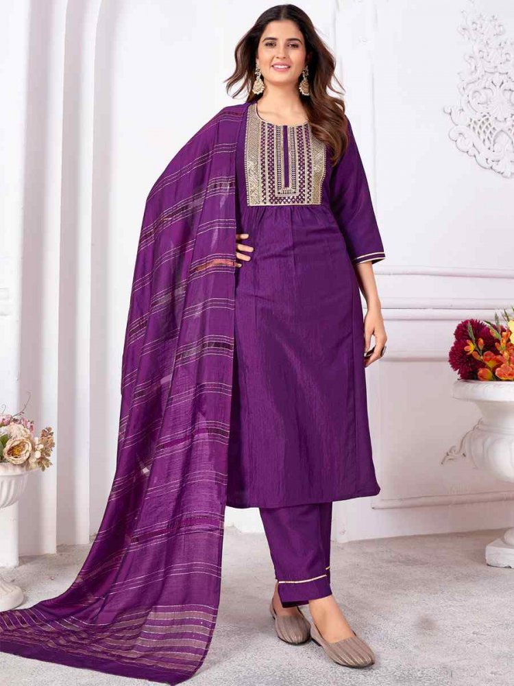 Purple Vertical Silk Embroidered Festival Casual Ready Pant Salwar Kameez