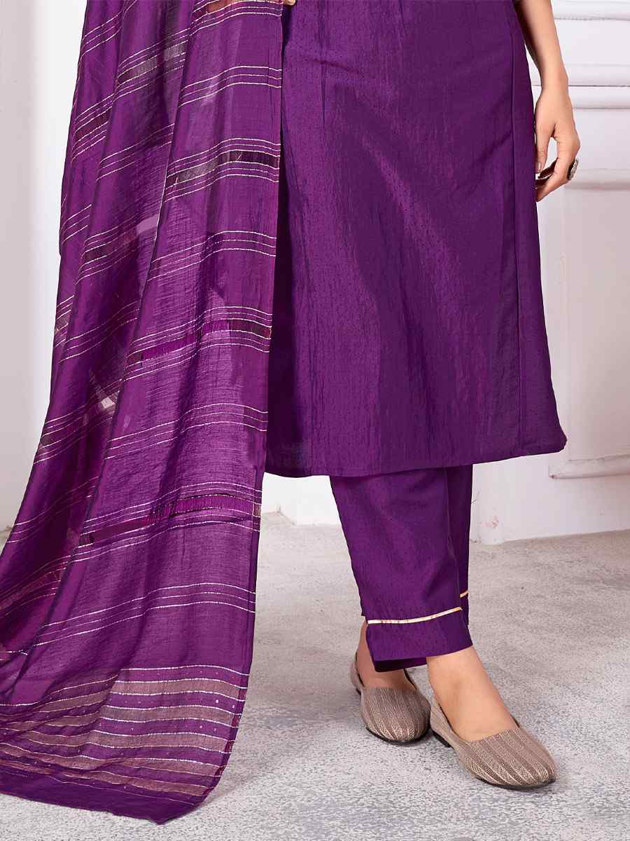 Purple Vertical Silk Embroidered Festival Casual Ready Pant Salwar Kameez