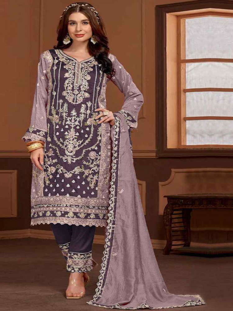 Purple Vichitra Embroidered Festival Wedding Pant Salwar Kameez