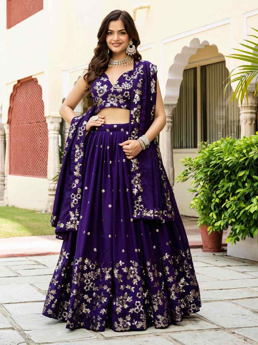 Purple Vichitra Silk Embroidered Wedding Reception Festival Heavy Border Lehenga Choli