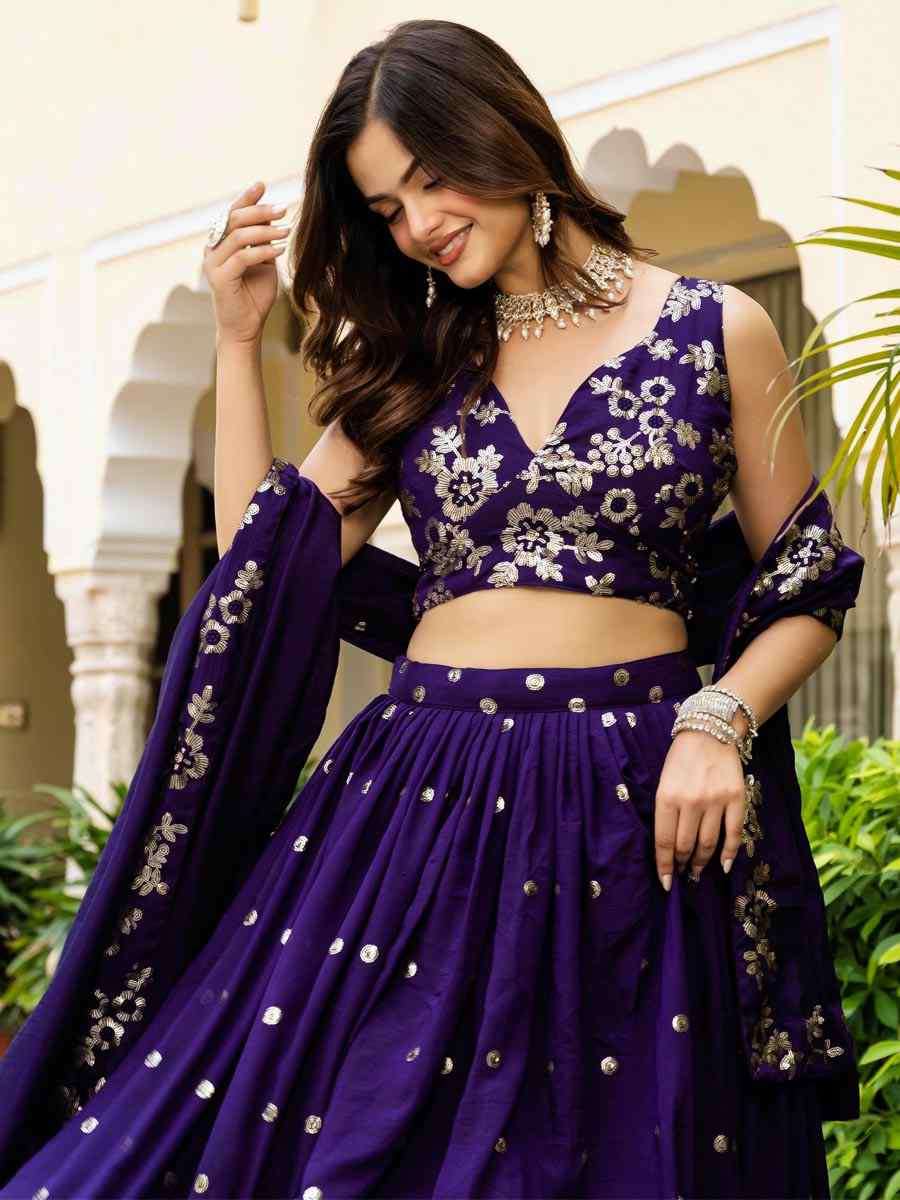 Purple Vichitra Silk  Embroidered Wedding Reception Festival Heavy Border Lehenga Choli