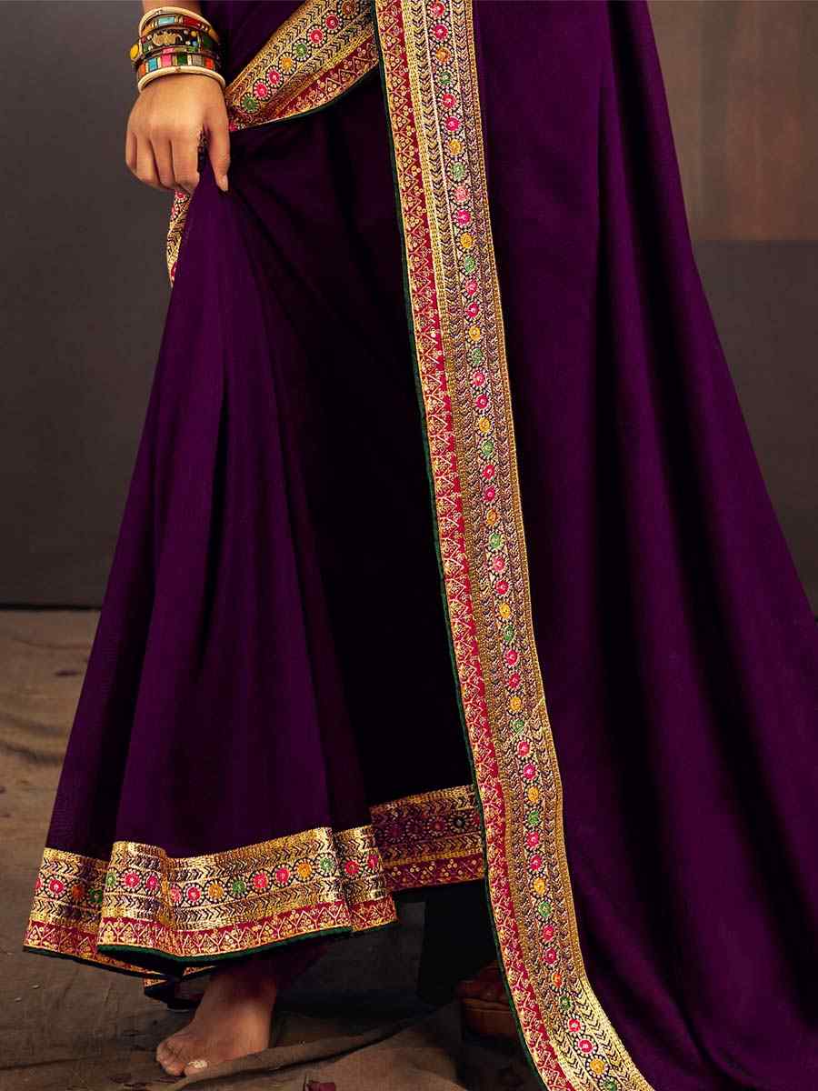 Purple Vichitra Silk Embroidered Bridesmaid Reception Heavy Border Saree