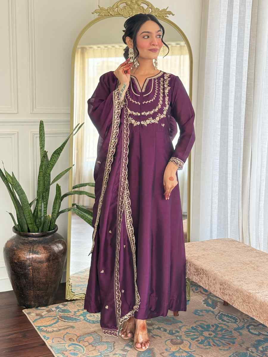 Purple Vichitra Silk Embroidered Festival Mehendi Ready Pant Salwar Kameez