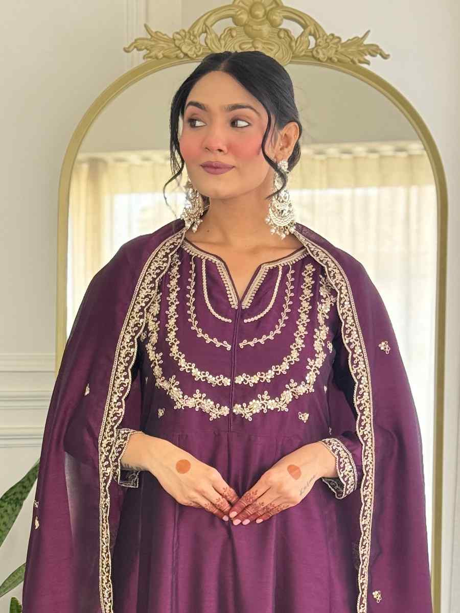 Purple Vichitra Silk Embroidered Festival Mehendi Ready Pant Salwar Kameez