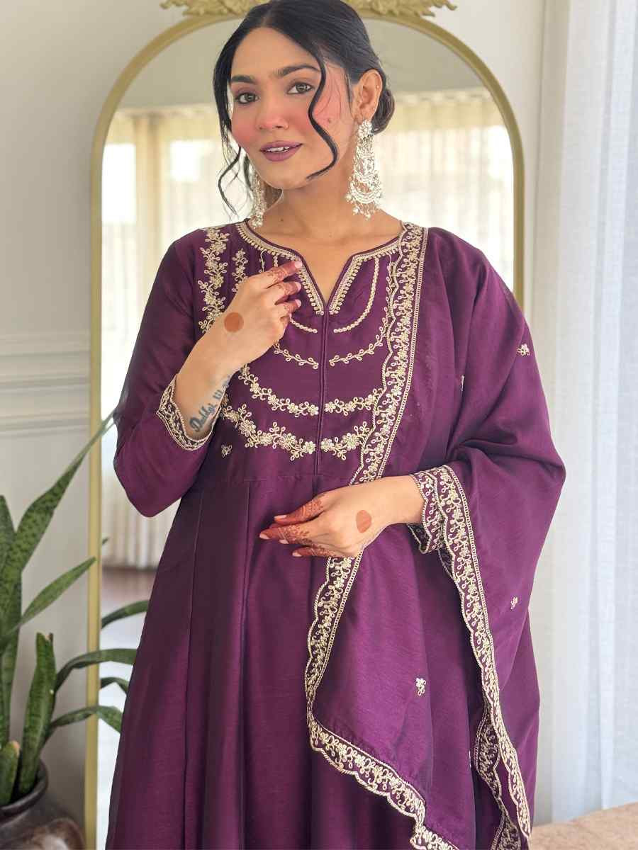 Purple Vichitra Silk Embroidered Festival Mehendi Ready Pant Salwar Kameez