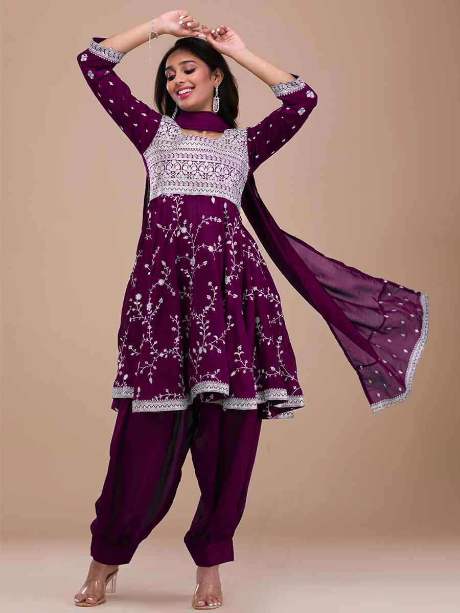 Purple Vichitra Silk Embroidered Festival Mehendi Ready Patiala Salwar Kameez
