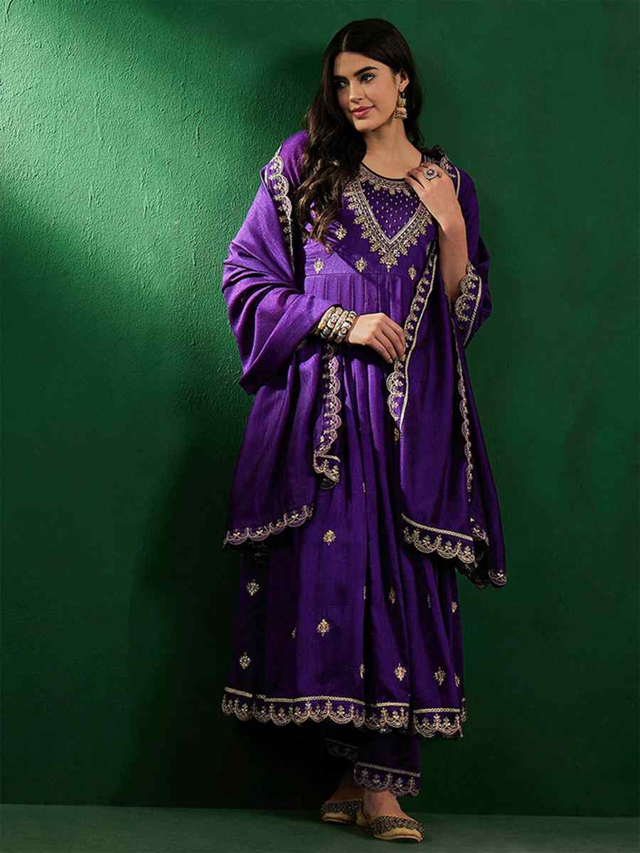 Purple Vichitra Silk Embroidered Mehendi Wedding Ready Anarkali Salwar Kameez