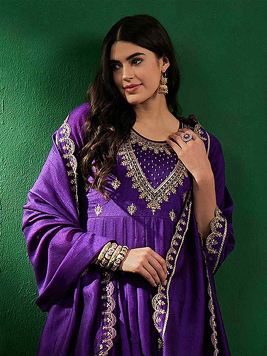 Purple Vichitra Silk Embroidered Mehendi Wedding Ready Anarkali Salwar Kameez