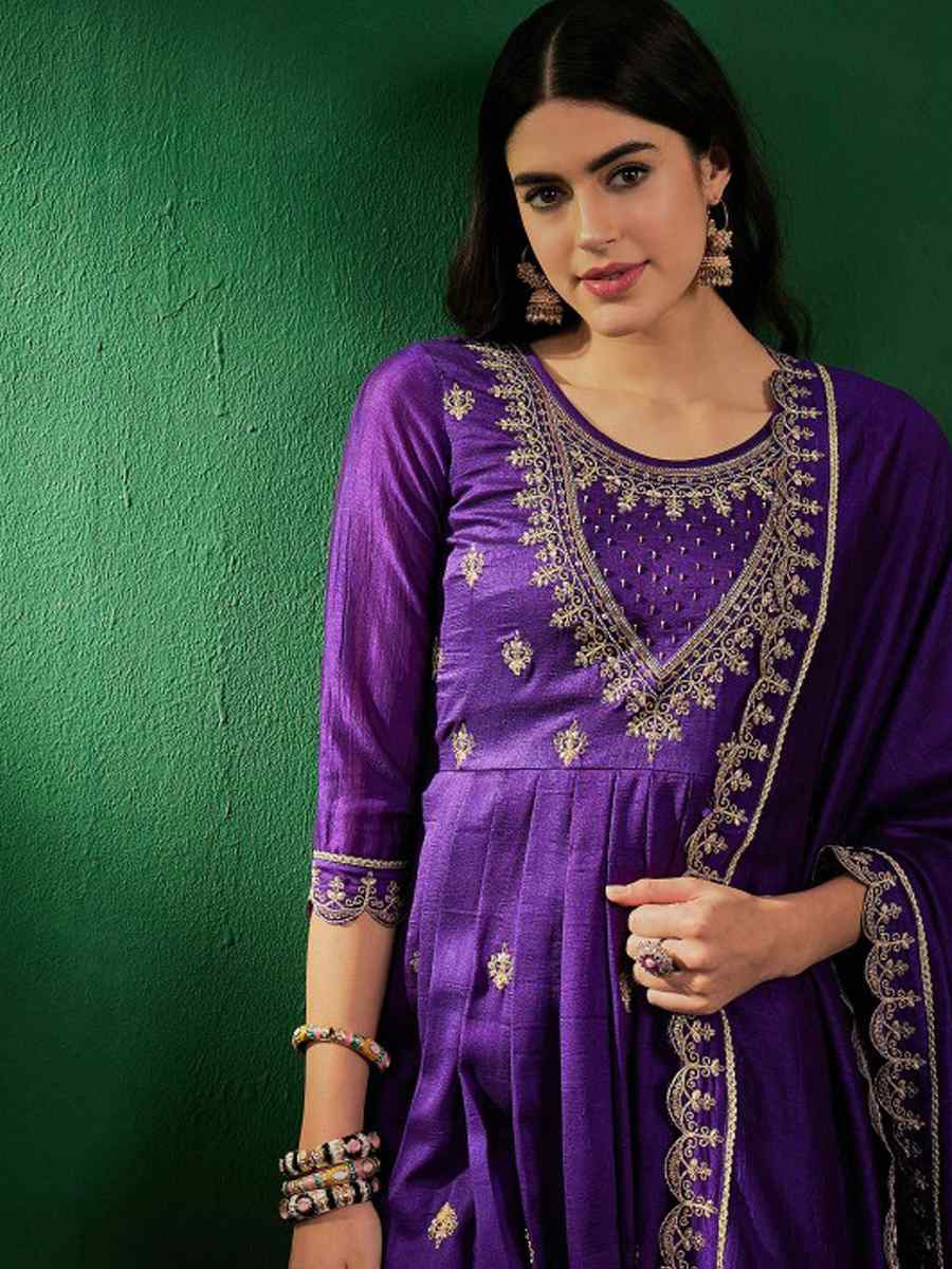 Purple Vichitra Silk Embroidered Mehendi Wedding Ready Anarkali Salwar Kameez
