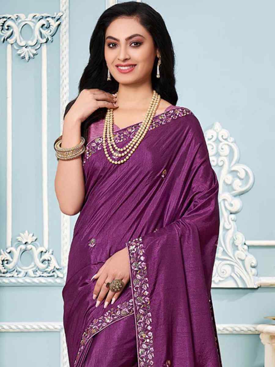 Purple Vichitra Silk Embroidered Party Festival Classic Style Saree