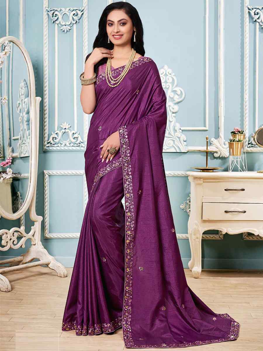 Purple Vichitra Silk Embroidered Party Festival Classic Style Saree