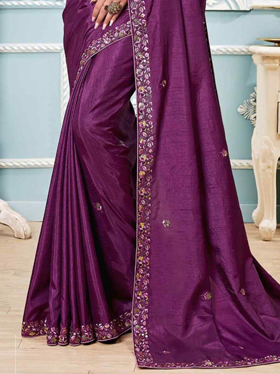Purple Vichitra Silk Embroidered Party Festival Classic Style Saree