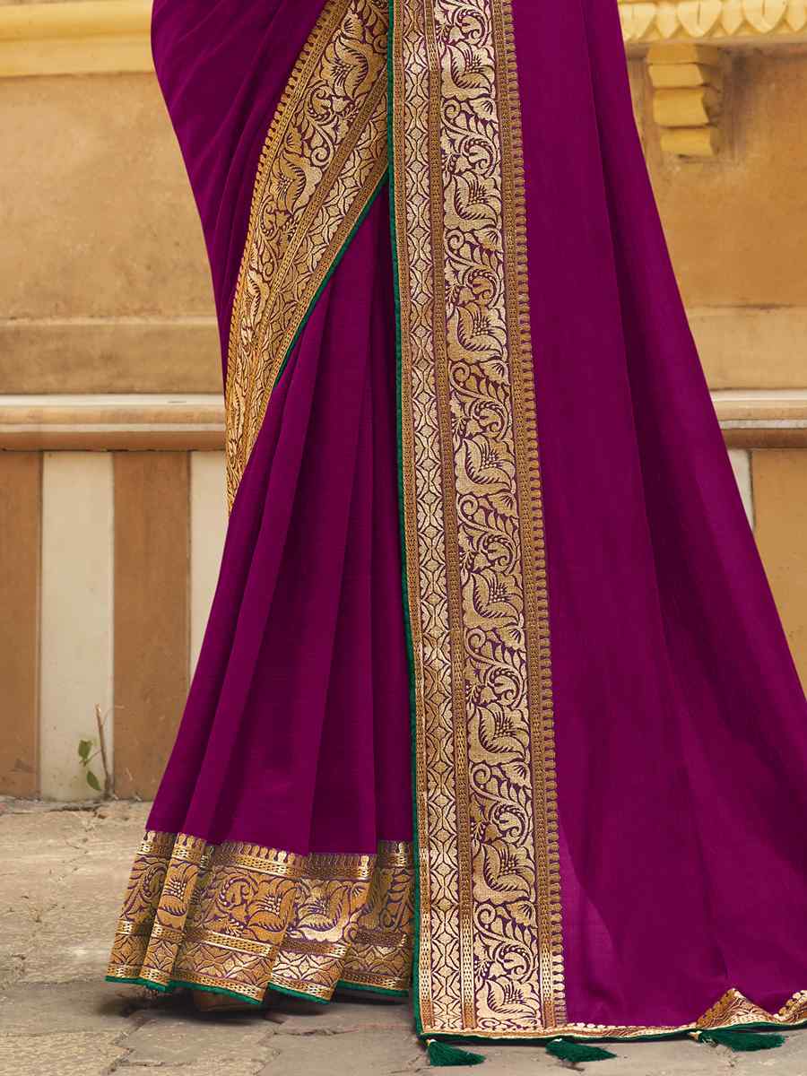 Purple Vichitra Silk Embroidered Party Reception Heavy Border Saree
