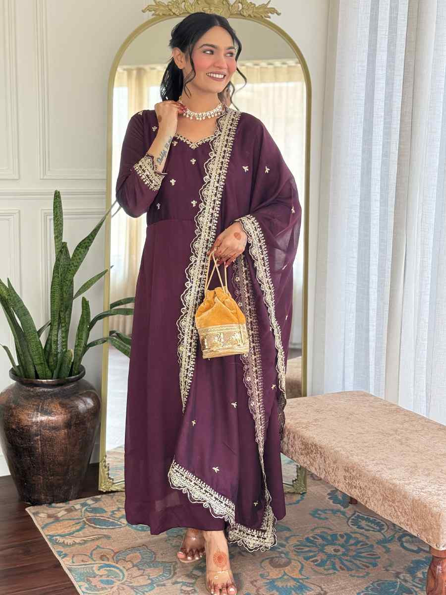 Purple Vichitra Silk Embroidered Party Wedding Ready Pant Salwar Kameez