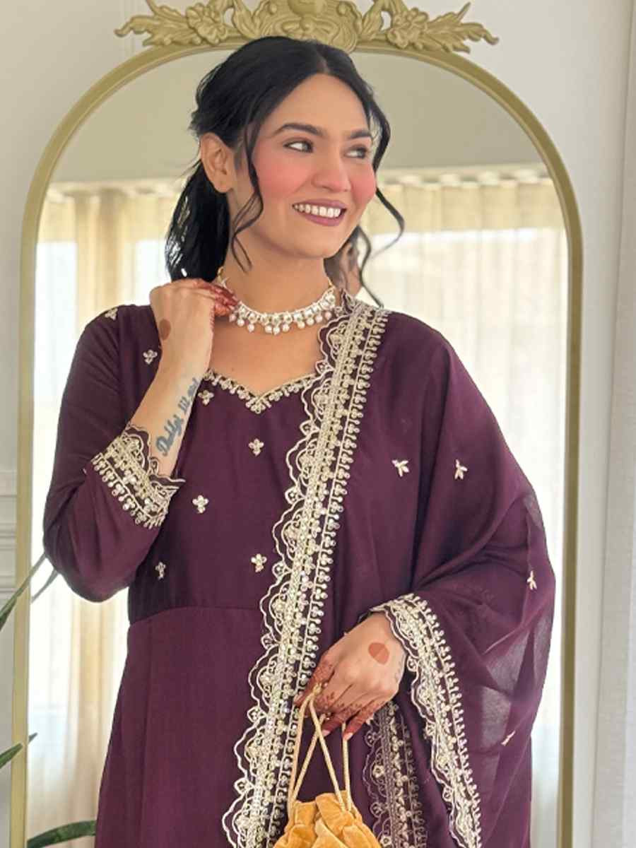 Purple Vichitra Silk Embroidered Party Wedding Ready Pant Salwar Kameez