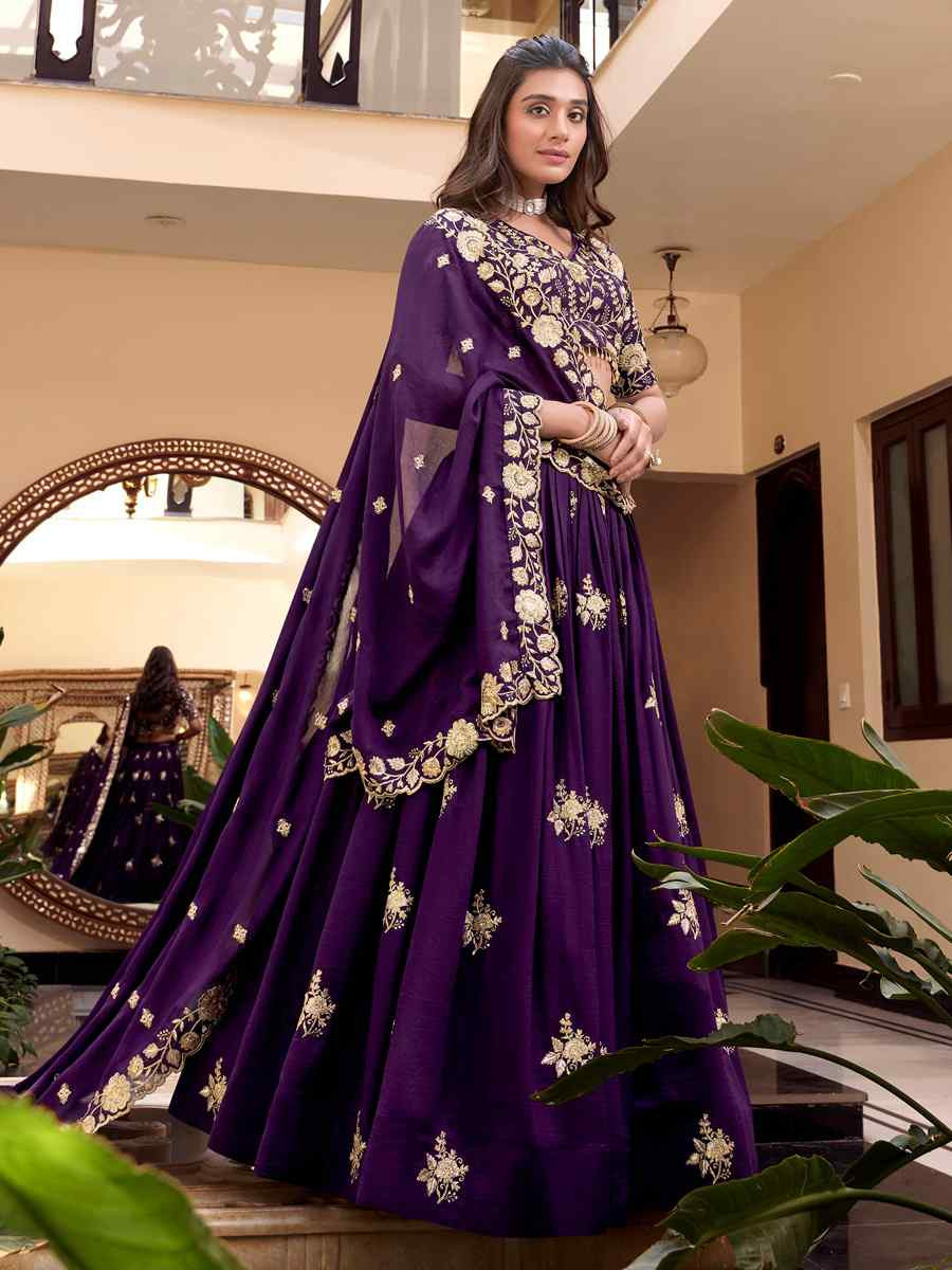 Purple Vichitra Silk Embroidered Reception Wedding Heavy Border Lehenga Choli