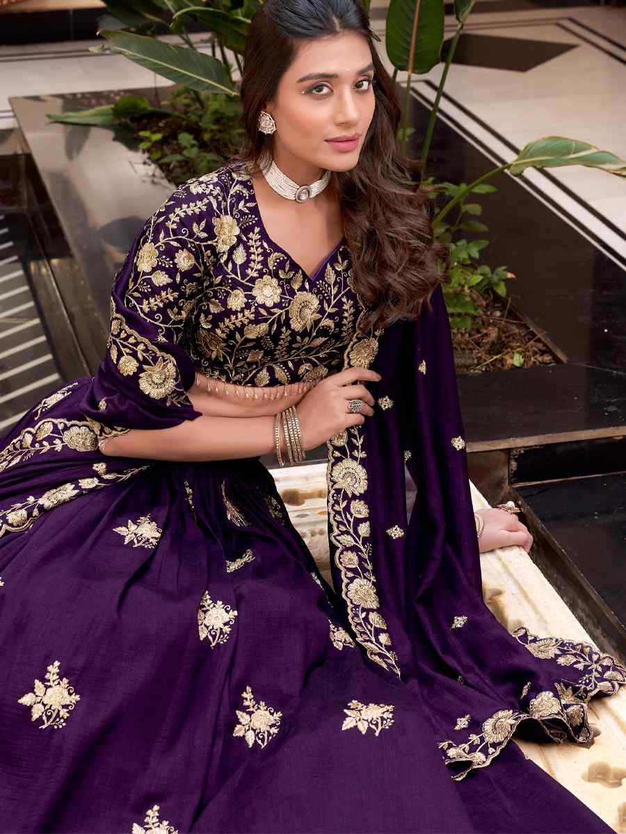 Purple Vichitra Silk Embroidered Reception Wedding Heavy Border Lehenga Choli
