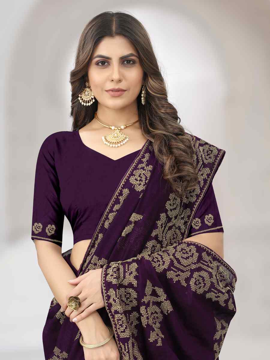 Purple Vichitra Silk Embroidered Wedding Festival Heavy Border Saree