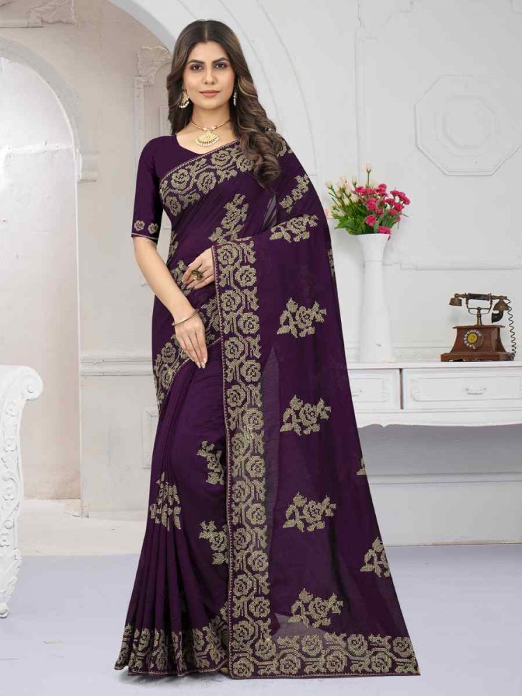 Purple Vichitra Silk Embroidered Wedding Festival Heavy Border Saree