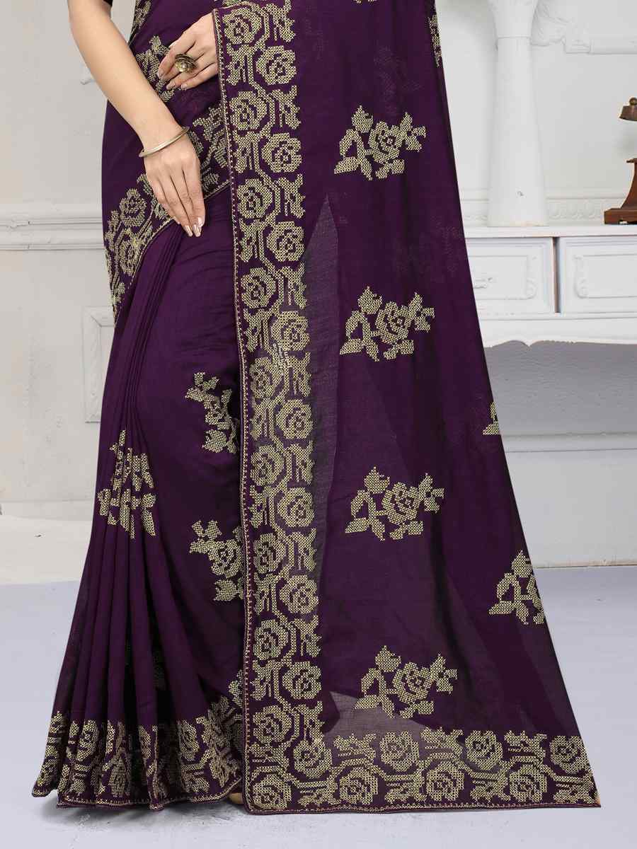 Purple Vichitra Silk Embroidered Wedding Festival Heavy Border Saree