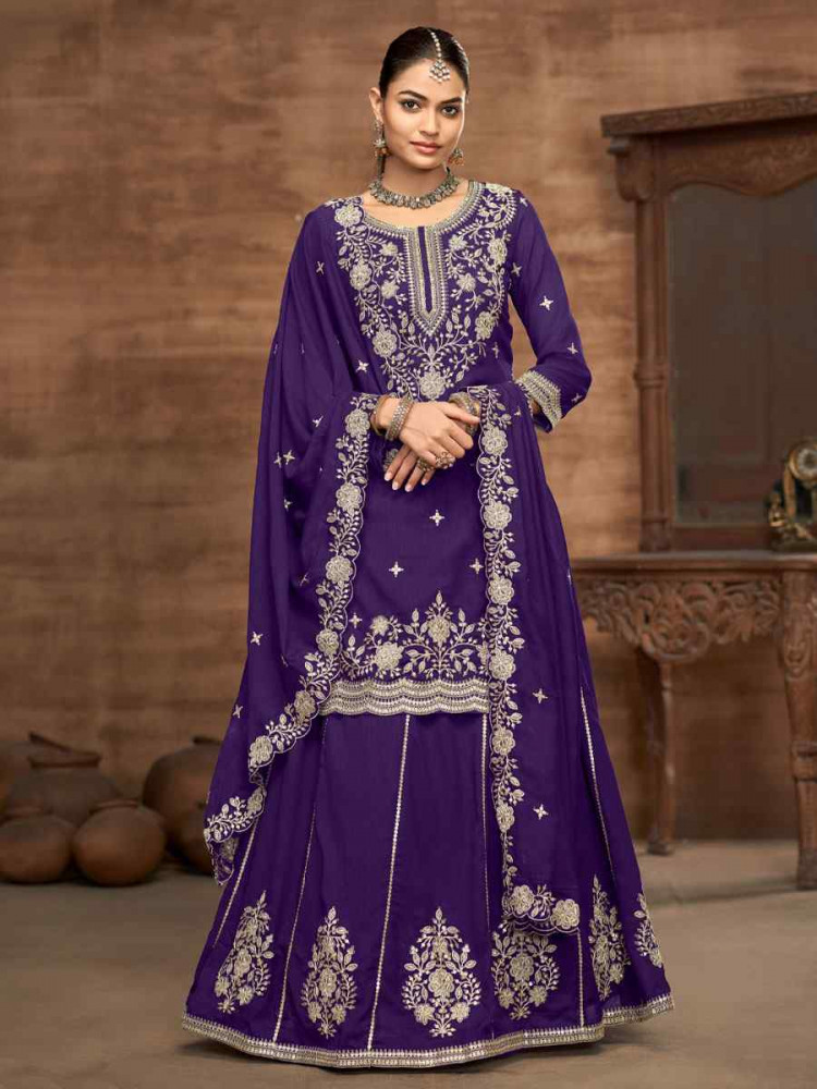 Image of Purple Vichitra Silk Embroidered Wedding Reception Festival Casual Ready Kurti Lehenga Choli