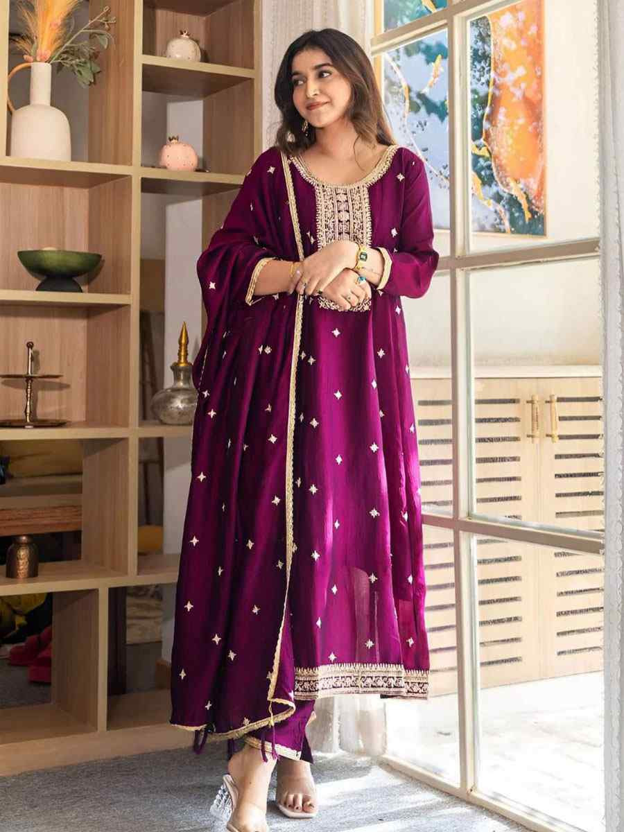 Purple Vichitra Silk Embroidery Party Wedding Festival Casual Ready Anarkali Pant Salwar Kameez