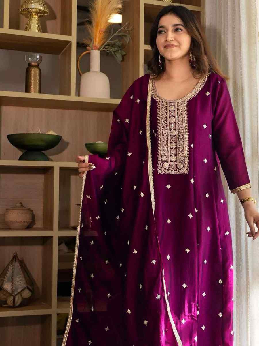 Purple Vichitra Silk Embroidery Party Wedding Festival Casual Ready Anarkali Pant Salwar Kameez