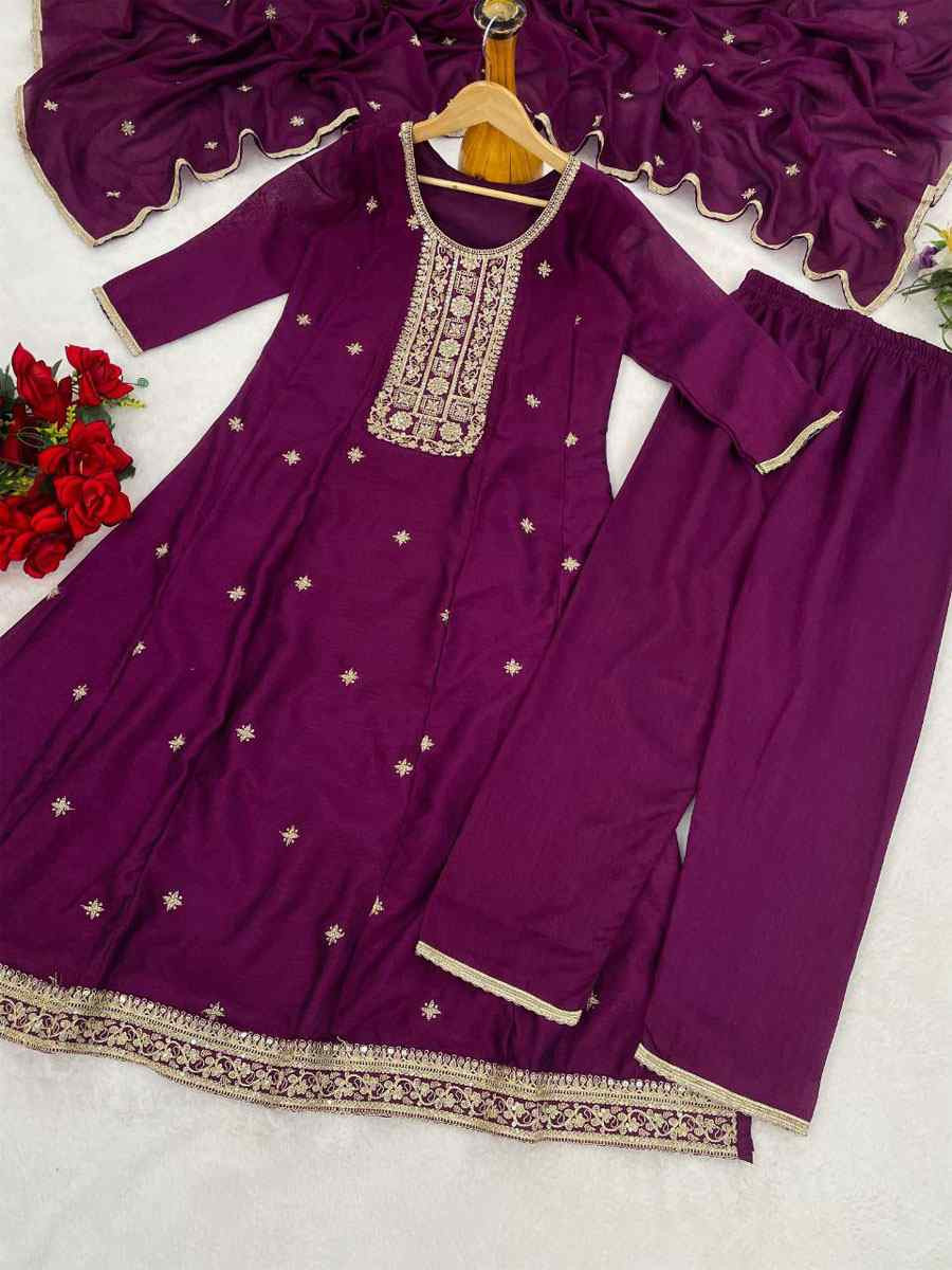 Purple Vichitra Silk Embroidery Party Wedding Festival Casual Ready Anarkali Pant Salwar Kameez