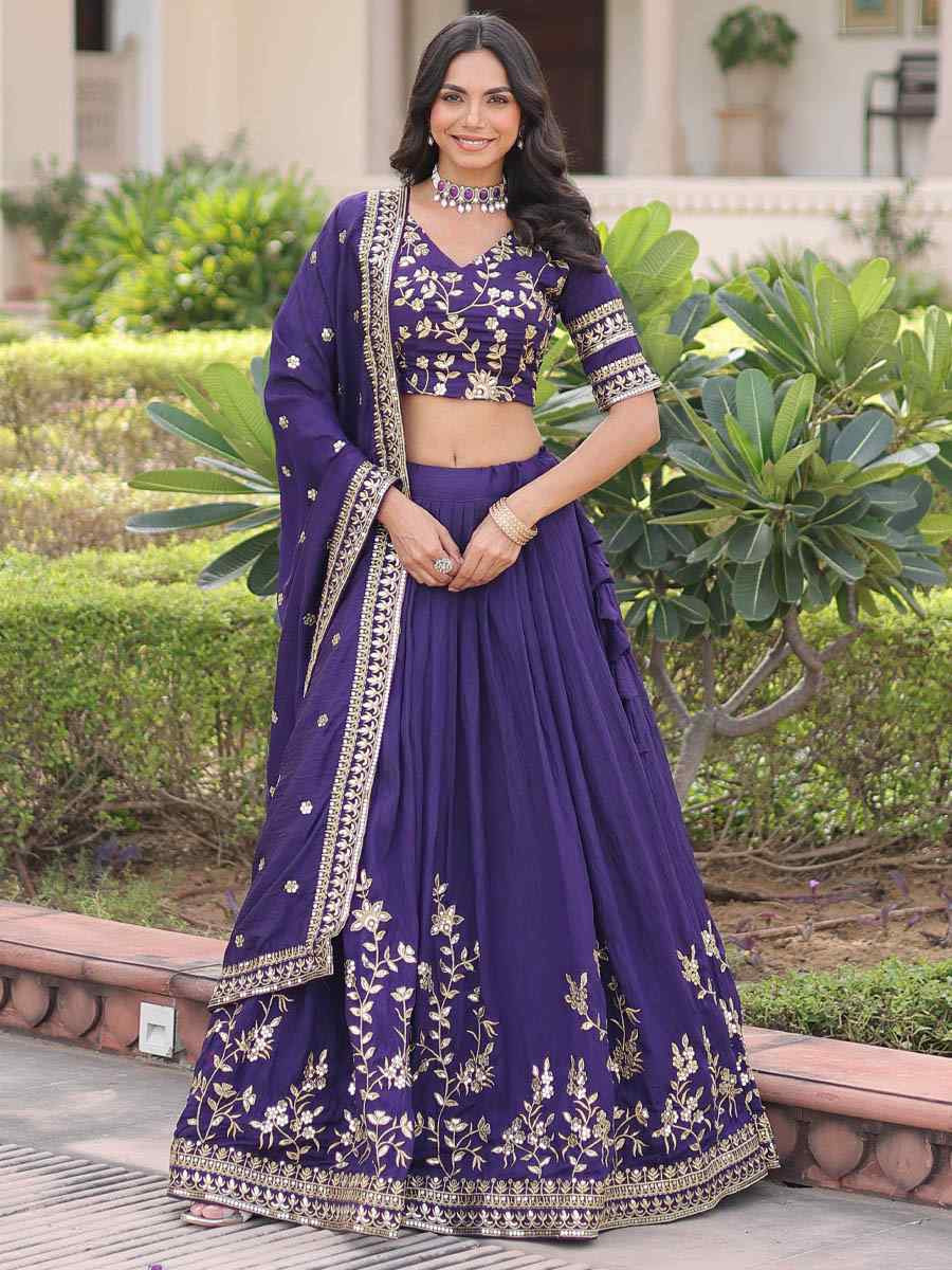 Purple Vichitra Silk Embroidery Wedding Reception Festival Heavy Border Lehenga Choli