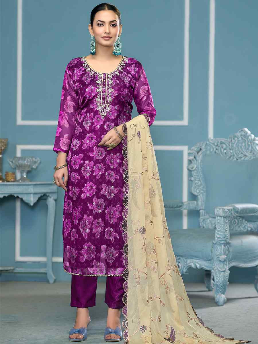 Purple Viscose Banarasi Embroidered Wedding Festival Pant Salwar Kameez