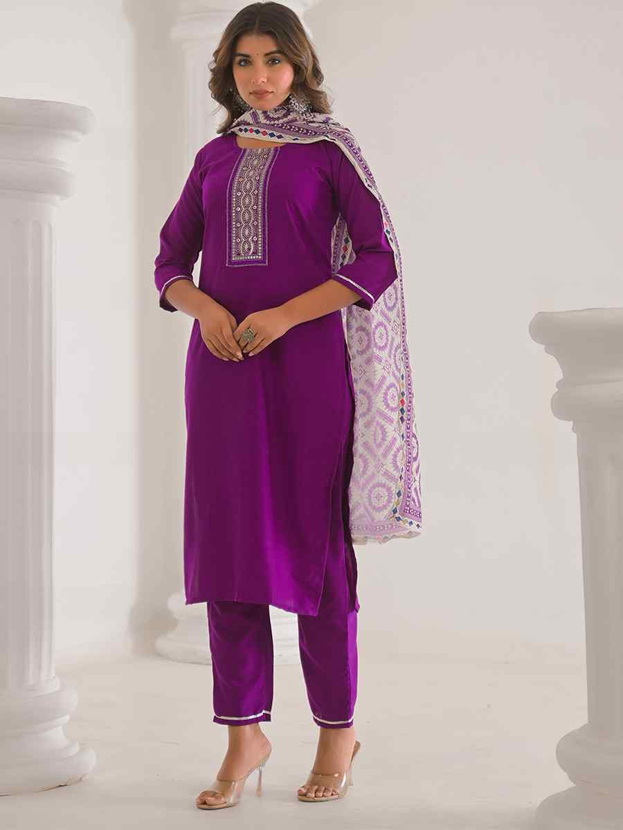 Purple Viscose Chanderi Embroidered Festival Casual Ready Pant Salwar Kameez