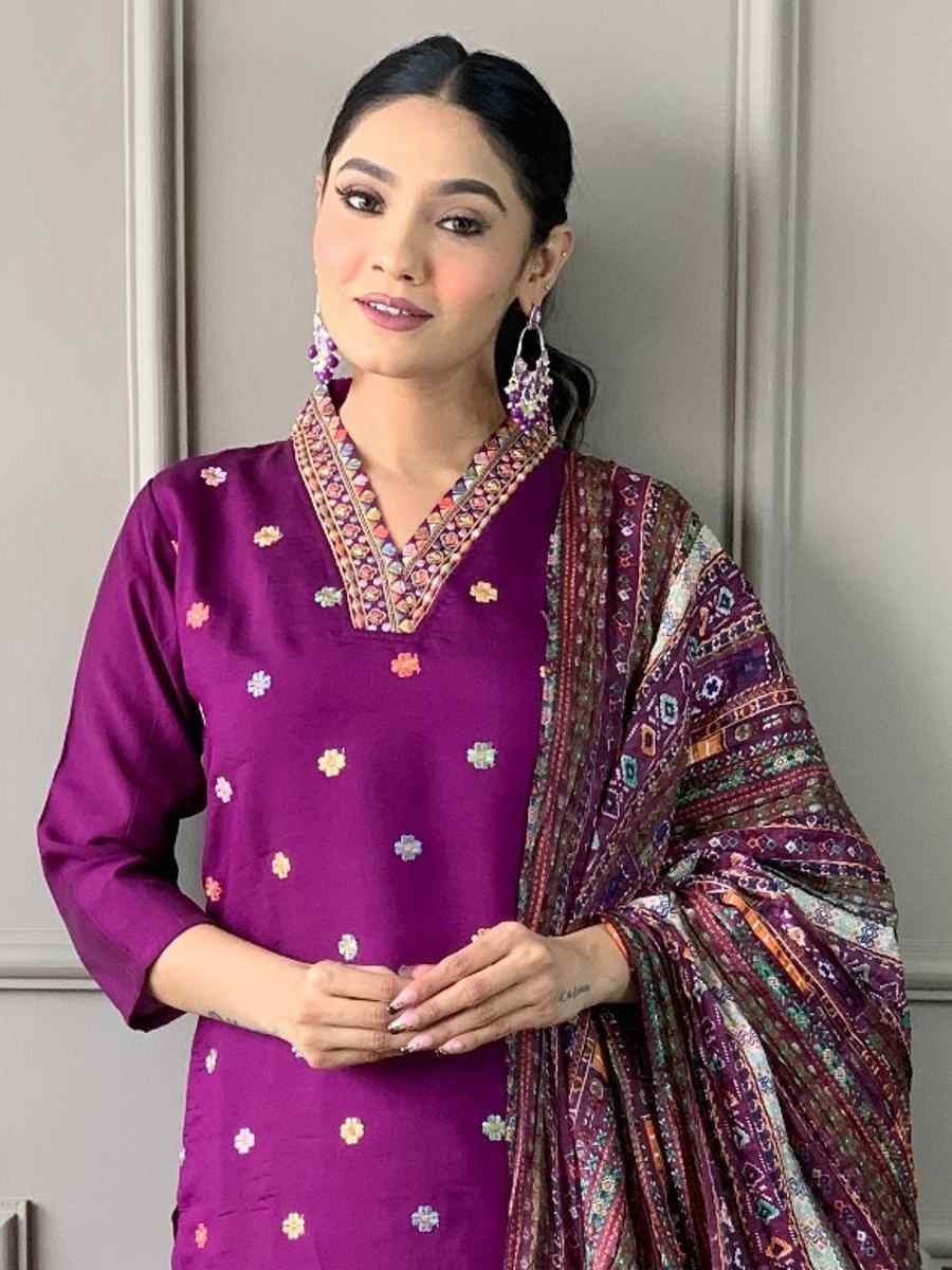 Purple Viscose Chanderi Embroidered Festival Casual Ready Pant Salwar Kameez
