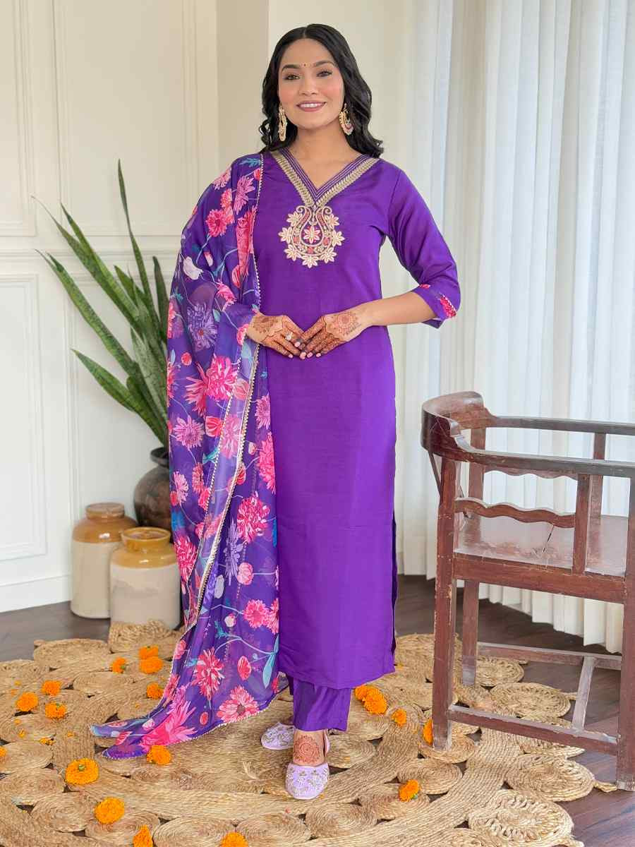 Purple Viscose Chanderi Embroidered Party Wedding Ready Pant Salwar Kameez