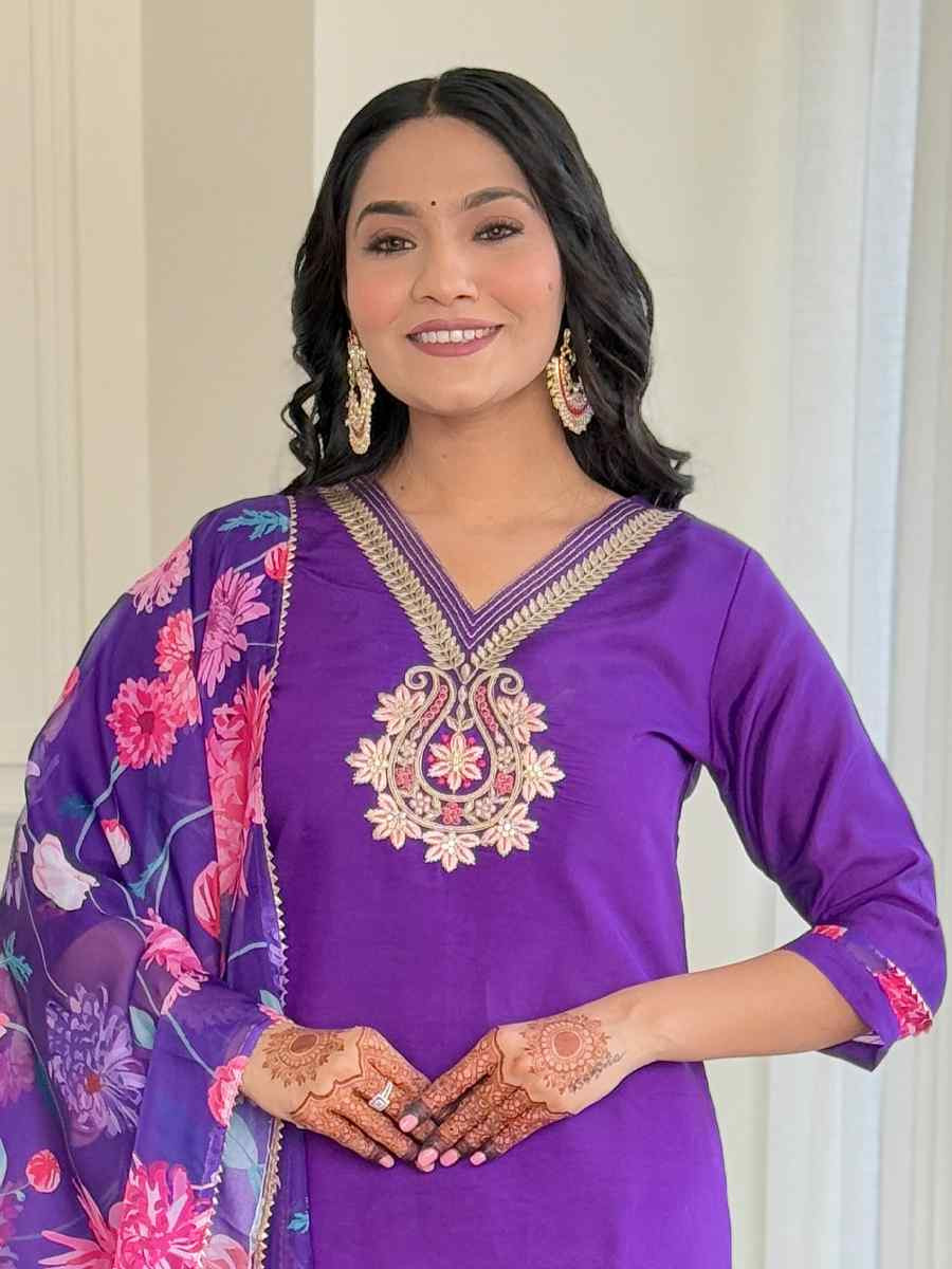 Purple Viscose Chanderi Embroidered Party Wedding Ready Pant Salwar Kameez