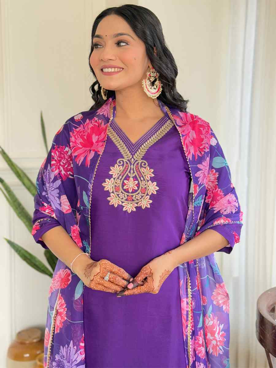 Purple Viscose Chanderi Embroidered Party Wedding Ready Pant Salwar Kameez