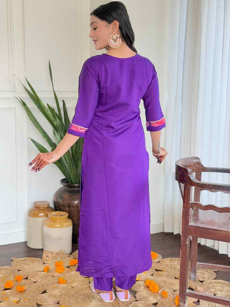 Purple Viscose Chanderi Embroidered Party Wedding Ready Pant Salwar Kameez